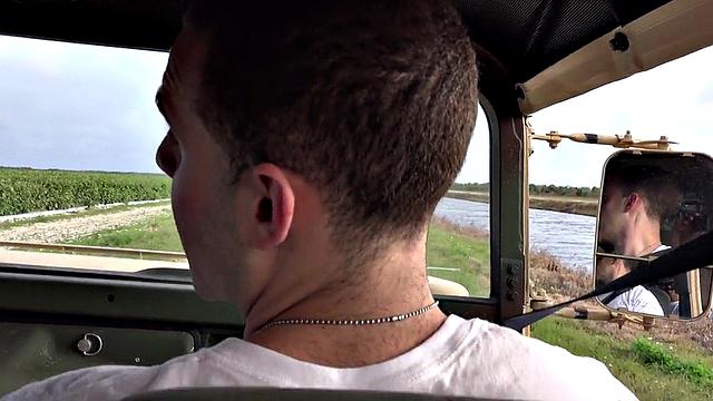 Military jock fucked outdoors on army van by colleague