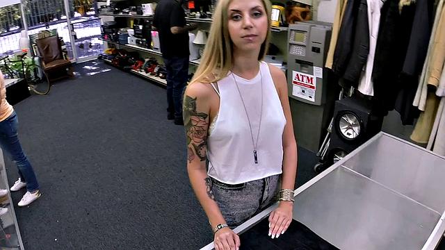 beauty in pawnshop enjoys blowing dick before warm load in mouth
