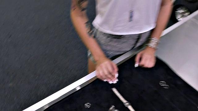 Pawnshop beauty enjoys blowing dick b4 warm load in mouth