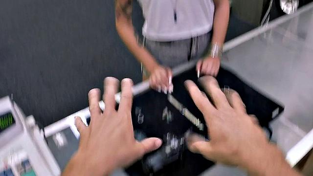 Pawnshop beauty enjoys blowing dick b4 warm load in mouth