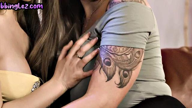 Facesitting busty MILF licks babe with natural jugs