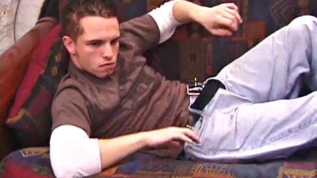 Pretty boy Chase Hunter strips to his boxers and starts working his leaking bulge. He stands to show us his 7 inch cock and gets down to business stroking it. Chase grabs the couch behind his head and strokes.