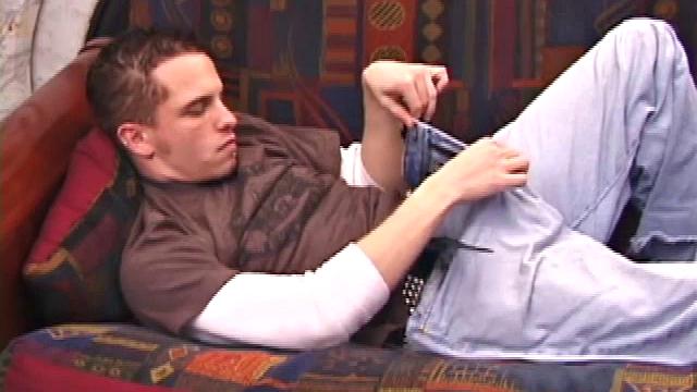 Pretty boy Chase Hunter strips to his boxers and starts working his leaking bulge. He stands to show us his 7 inch cock and gets down to business stroking it. Chase grabs the couch behind his head and strokes.