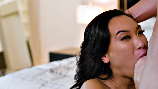 21yo Asian loves gagging on dick before missionary fuck