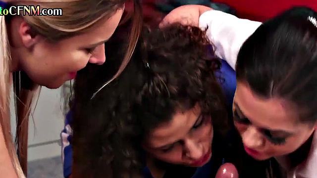 IR CFNM locker room cheerleaders give BJ in group
