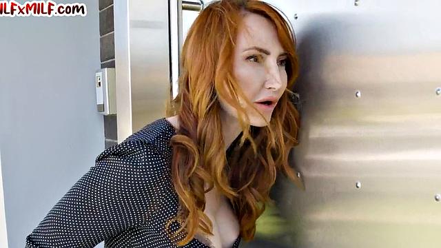 Redhead lesbian MILF fingered in 3way on couch