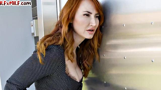 Redhead lesbian MILF fingered in 3way on couch