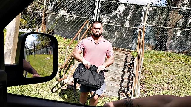 Fooled jock with hairy massive body fucks gay in van