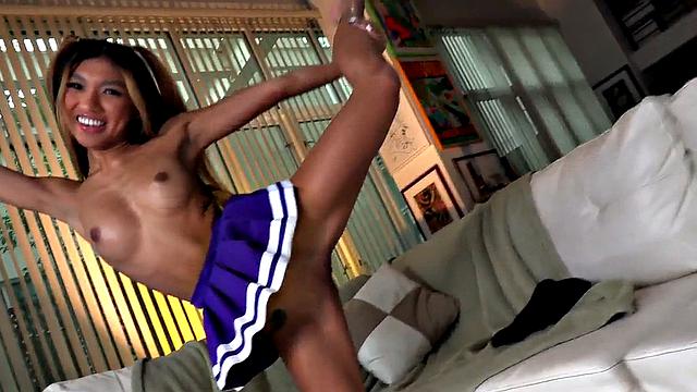 Petite Asian cheerleader plays POV dick with magic hands
