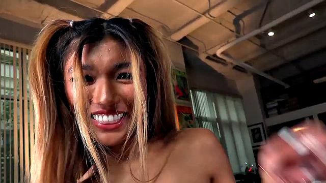 Petite Asian cheerleader plays POV dick with magic hands