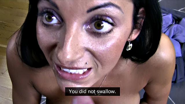 A tattooed babe struggle to swallow cum while getting fucked on the sofa