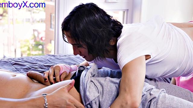 Roseboy in female attire bareback fucked by top stud