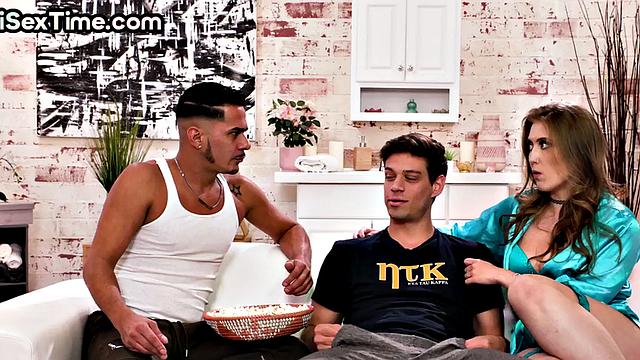 Bisexual threesome while watching a movie with big booty slut