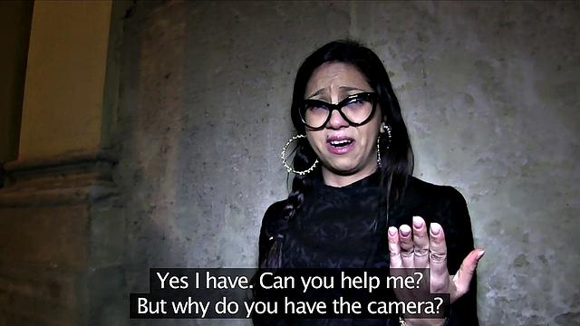 A tattooed brunette babe fuck a good Samaritan in the bathroom and get a warm creampie!