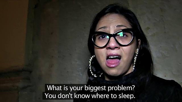 A tattooed brunette babe fuck a good Samaritan in the bathroom and get a warm creampie!