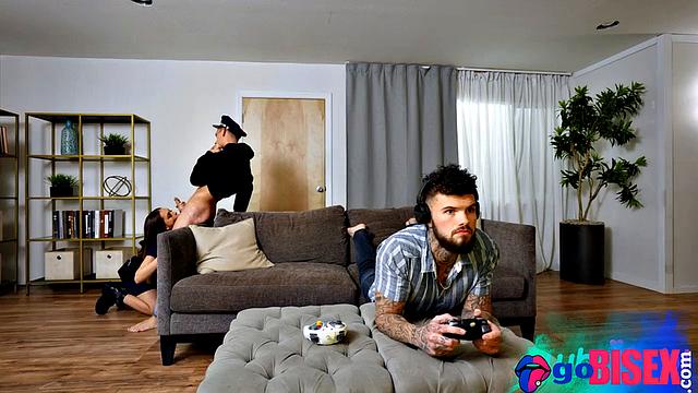 Hairy petite babe cockriding in 3some