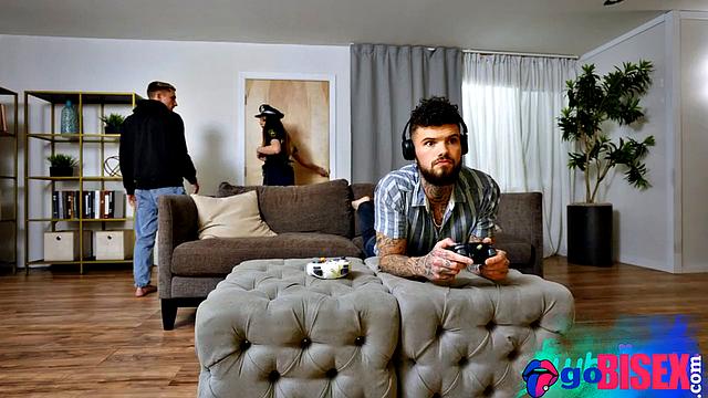 Hairy petite babe cockriding in 3some