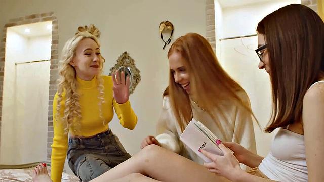 VIP4K. Three girls take off their panties to play with big dildo