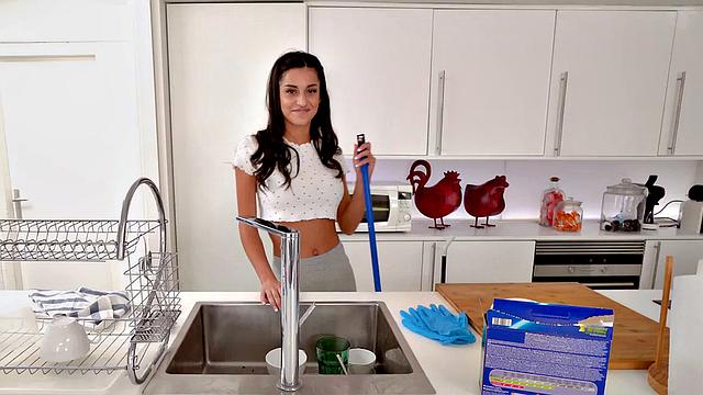 Petite maid sucks big white dick in POV while jerking