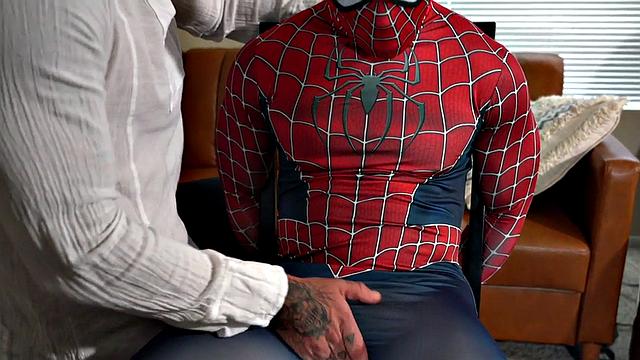 IR Spiderman cosplay barebacked by athletic jock
