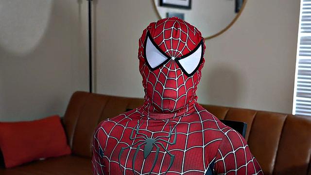 IR Spiderman cosplay barebacked by athletic jock