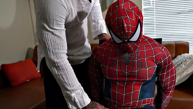 IR Spiderman cosplay barebacked by athletic jock