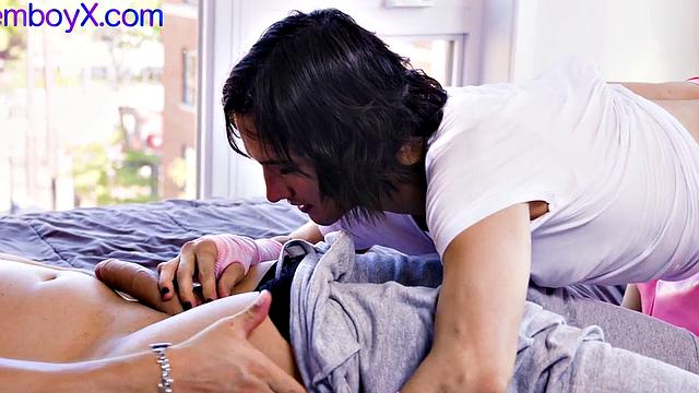 Cockcage lavenderboy in female clothes barebacked by a stud