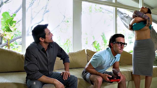 Stepmom with big tits gets smashed by stepson & husband in hot threesome action