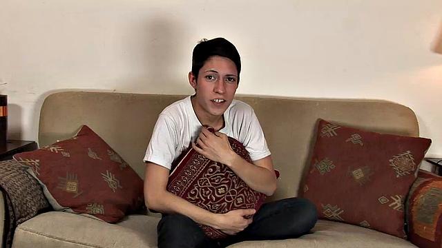 Adorable twink Abel is on the casting couch, stripping and stroking his big uncut dick, while Ferdinan captures the audition on camera. The sight of that slim and smooth naked boy is too much to resist and soon Daddy is reaching in for a feel.