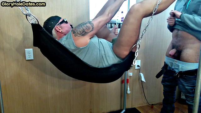 Mature daddy with tattoos and moustache fucked in sling