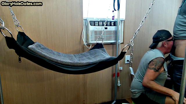 Mature daddy with tattoos and moustache fucked in sling