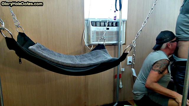 Mature daddy with tattoos and moustache fucked in sling