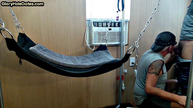 Mature daddy with tattoos and moustache fucked in sling