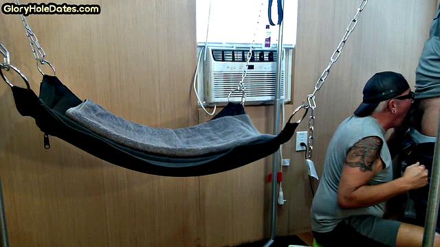 Mature daddy with tattoos and moustache fucked in sling