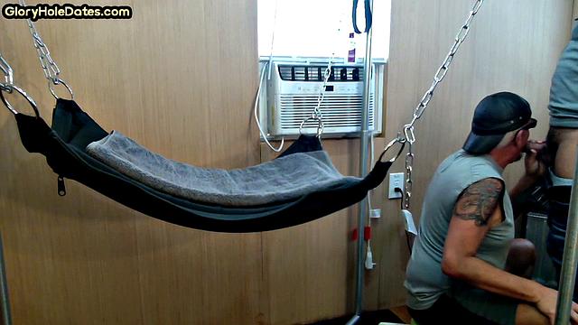 Mature daddy with tattoos and moustache fucked in sling