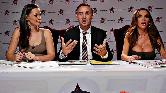 Jasmine Summers in a hot business suit gets DP'd in a restaurant