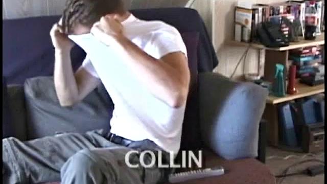 Collin is a hot boy next door type. Shirtless, he kicks back on a sofa, turns on a porn video and slides his jeans down just enough to get to his big dick. He slicks up his dick and starts stroking.