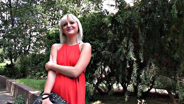 Blonde bombshell with perfect tits fucks a stranger POV-style in dress & stairs