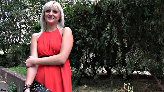 Blonde bombshell with perfect tits fucks a stranger POV-style in dress & stairs