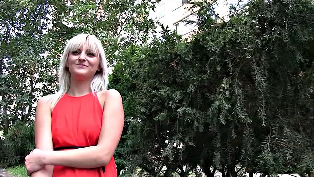 Blonde bombshell with perfect tits fucks a stranger POV-style in dress & stairs