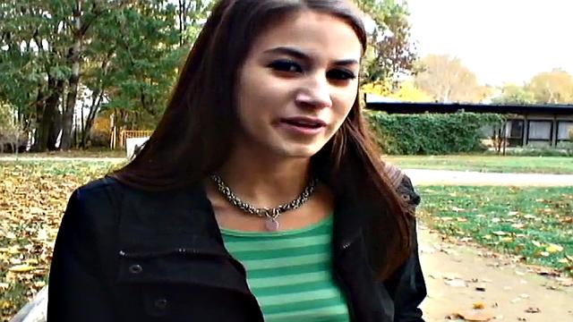 Nice guy bangs a wet pussy in public park, with a smile on her face