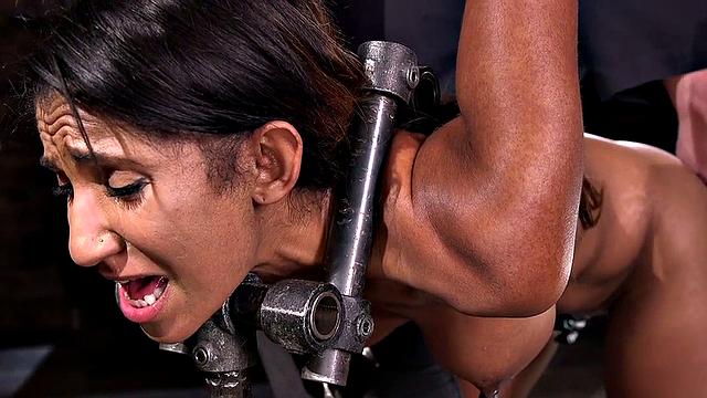 Kinky bald teen slave tormented with ballgag & pussy pierced by master