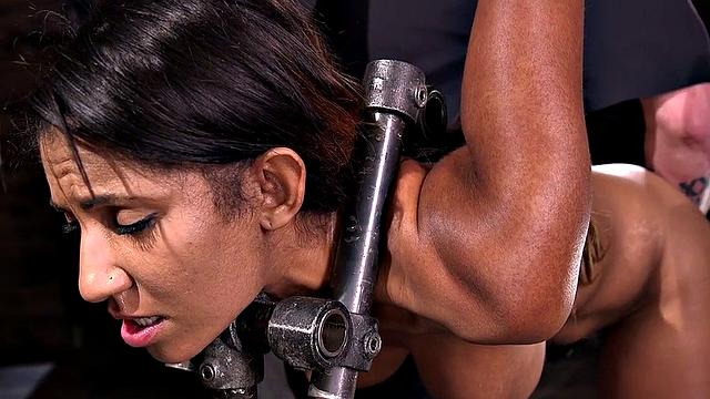 Kinky bald teen slave tormented with ballgag & pussy pierced by master