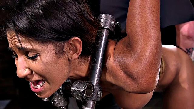 Kinky bald teen slave tormented with ballgag & pussy pierced by master