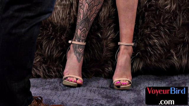 Nasty tattooed MILF watches guy jerking