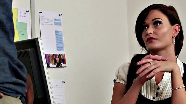 Bossy busty voyeur teases a staff member