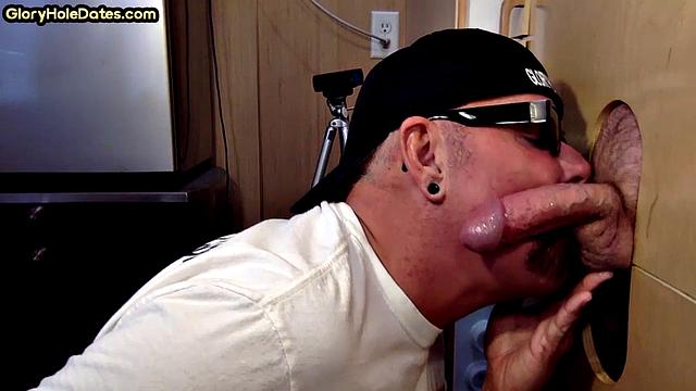 Gloryhole mature gay sucks hard cock in BJ video