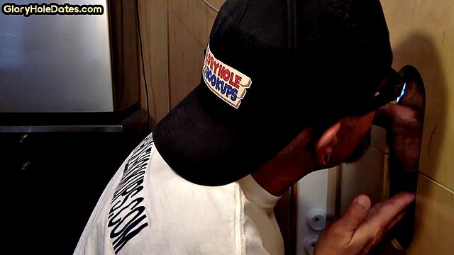 Gloryhole mature gay sucks hard cock in BJ video
