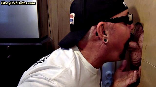 Gloryhole mature gay sucks hard cock in BJ video