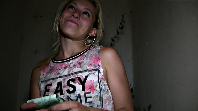 Blonde cutie gags on cock & swallows his load